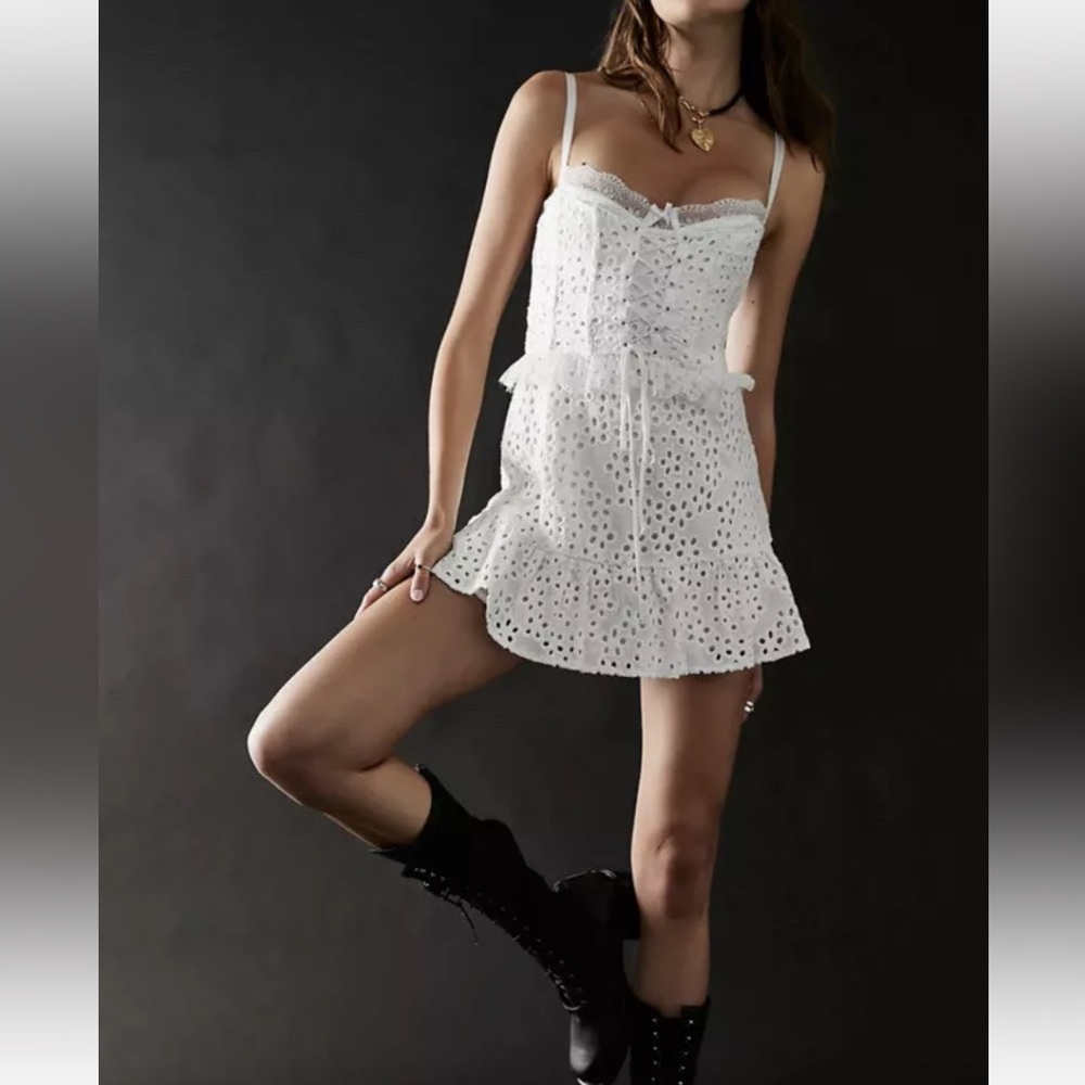 For Love And Lemons White Lace Eyelet Corset Bustier Spaghetti Strap Dress
